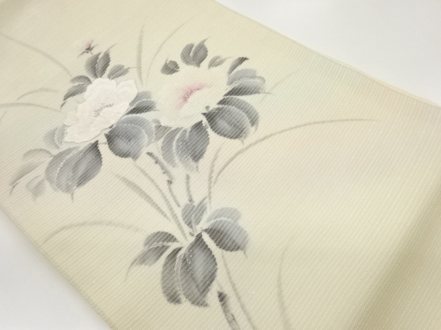 作家物　 紗 銀通し手描き山茶花模様刺繍名古屋帯